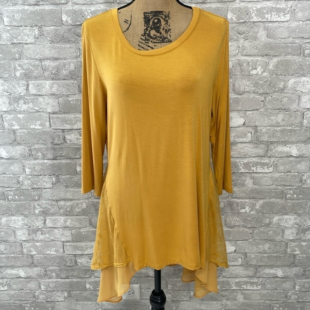 LOGO by Lori Goldstein Mustard Yellow Lace Tunic